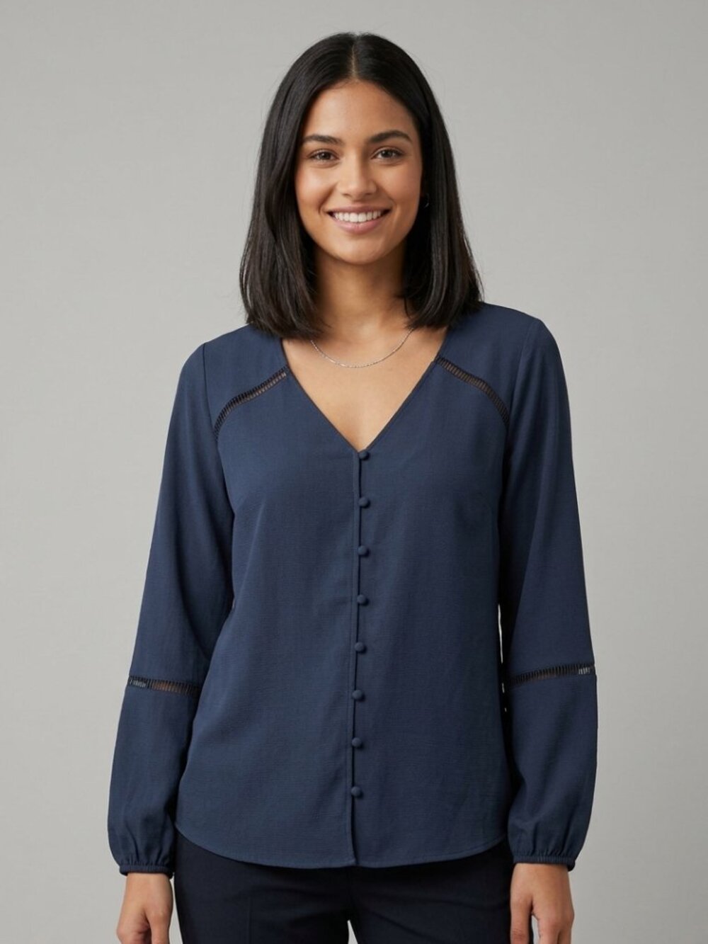 Reitmans Navy Blue Blouse with Elastic Cuffs and Cut Out Detail